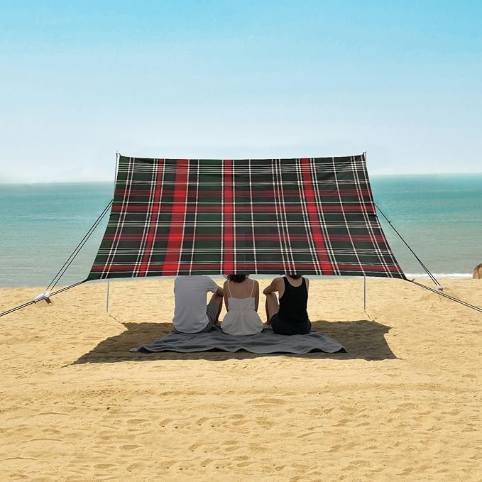 ALAZA Christmas Checked Tartan Beach Tent Sun Shelter UPF50+ Protection Beach Shade Canopy w/ 4 Sandbags for Outdoor Camping Fishing Backyard Fun Picnic 10x9 ft