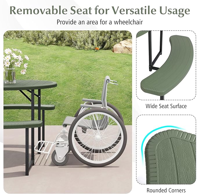 Giantex Picnic Table Bench Set for 4-8 Person Round 37” Outdoor Dining Table w/Umbrella Hole HDPE Tabletop Metal Frame Patio Furniture Set for Backyard Porch Lawn 1400lb Capacity (GreenRound)