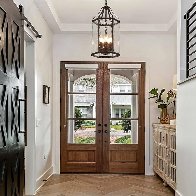 10 Modern 5-Light Exterior Black Lantern Pendant Light Fixture with Clear Rippled Glass Mini Industrial Hanging Cage Chandelier for Outdoor Kitchen Dining Room Hallway Entryway Foyer Porch