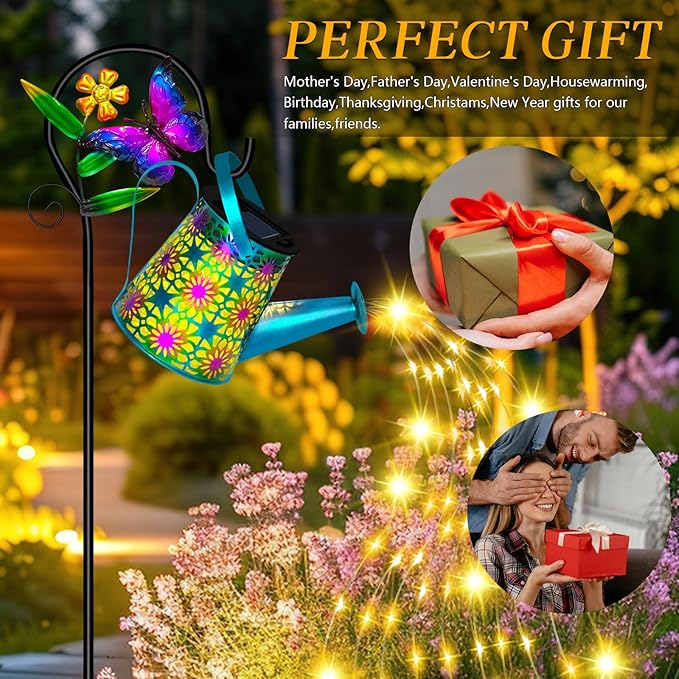 Solar Watering Can with Lights Waterproof Solar Lantern with Butterfly Shepherd Hook Hanging Garden Lights for Patio Yard Lawn Porch Outdoor Decoration 2 Pack