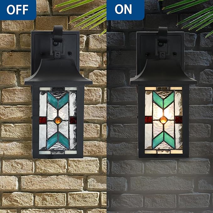 WL0009 Tiffany Style Outdoor Light Fixutres Stained Glass Wall Sconce Exterior Waterproof Wall Lantern Light for Balcony Aisle Hallway W 7X D 6 x H 12 Inches Bulb Included (Chrolume)