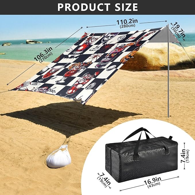 ALAZA Halloween Skulls Checkered Beach Tent Sun Shelter UPF50+ Protection Beach Shade Canopy w/ 4 Sandbags for Outdoor Camping Fishing Backyard Fun Picnic 10x9 ft