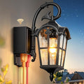 Outdoor Porch Light with Outlet Dusk to Dawn Porch Light Outdoor House Lights Wall Mount Aluminum Exterior Wall Sconce with Water Ripple Glass Waterproof Outside Sconce Lights for House