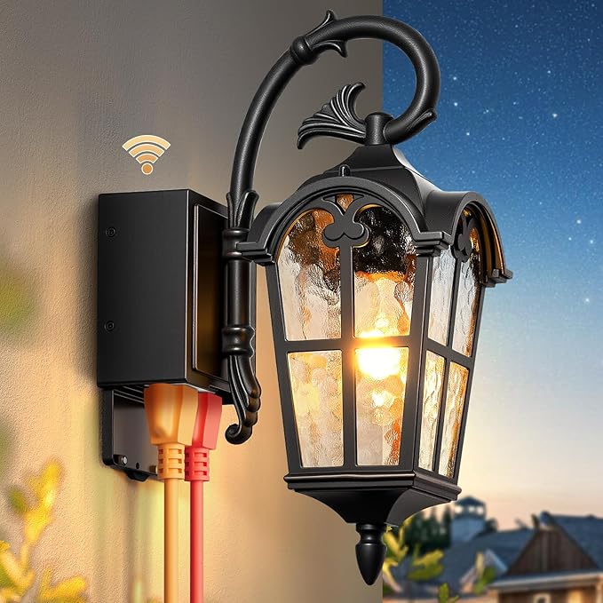 Outdoor Porch Light with Outlet Dusk to Dawn Porch Light Outdoor House Lights Wall Mount Aluminum Exterior Wall Sconce with Water Ripple Glass Waterproof Outside Sconce Lights for House