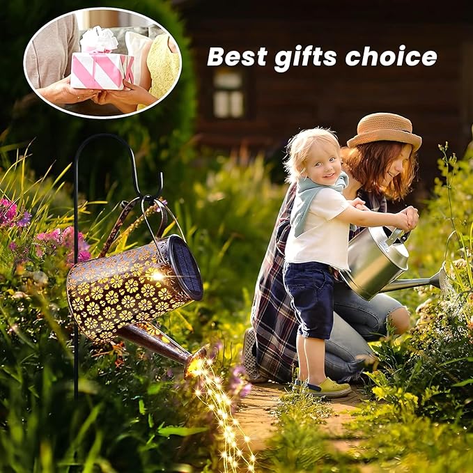 2 Pack Solar Watering Can Lights with Shepherd Hook 8 Multi-Color Changing Modes IP65 Waterproof 60pcs String Lights for Outdoor Garden Pathway Lawn Patio Deck Walkway Courtyard