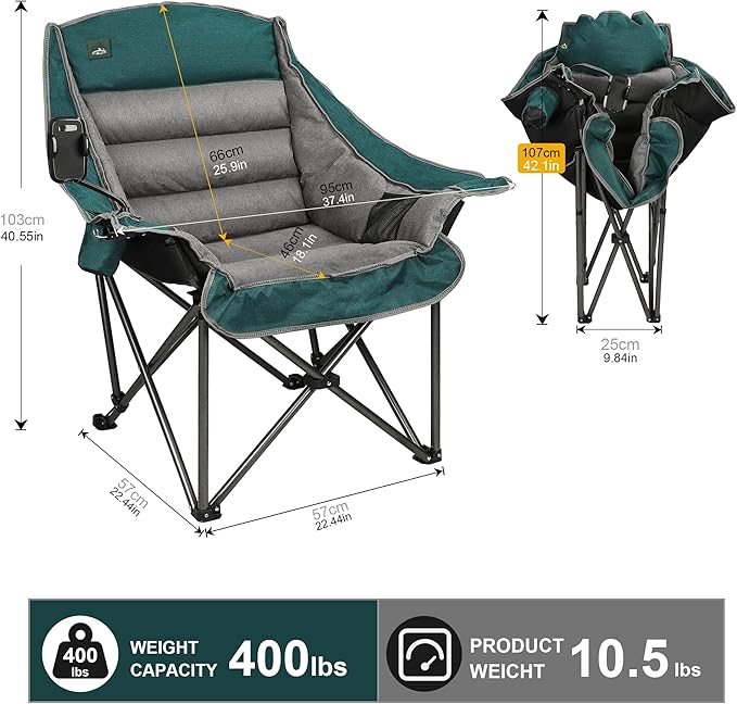 Northroad Oversized XL Padded Camping Chair w/Cell Phone Holder Large Camp Lounge Chair Foldable Lawn Chair w/Cup HolderCarry Bag for Outdoor Hiking Beach Picnics Heavy-Duty 400-lbs Capacity