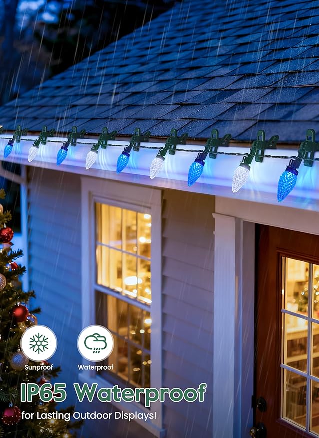 C9 LED Christmas Lights Outdoor 99 Feet 150 LED String With 150 Spring Clips Waterproof Connectable Christmas Tree Lights for Outside Roofline Patio Home Xmas Decor Blue &amp Pure White