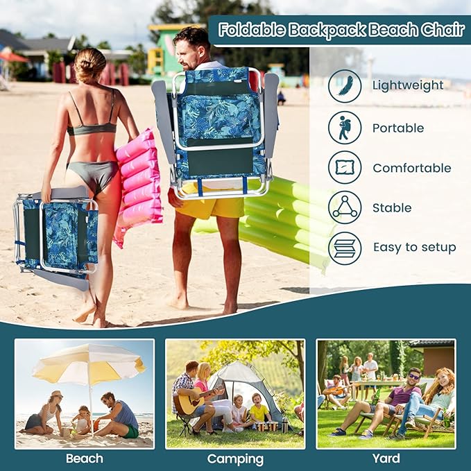 Tangkula Set of 2 Backpack Beach Chair 5-Position Lay Flat Beach Chairs with Cooler Bag 2 Cup Holders Towel Bar Lightweight Folding Beach Chair with Backpack Straps