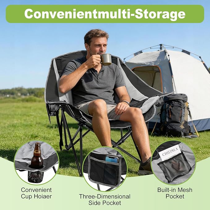 Slendor Oversized Camping Chairs - Heavy Duty Padded Outdoor Folding Camp Chair with Cup Holder and Carry Bag for Outside Sports Beach Fishing Lawn Portable Supports 500lbs Black Gray