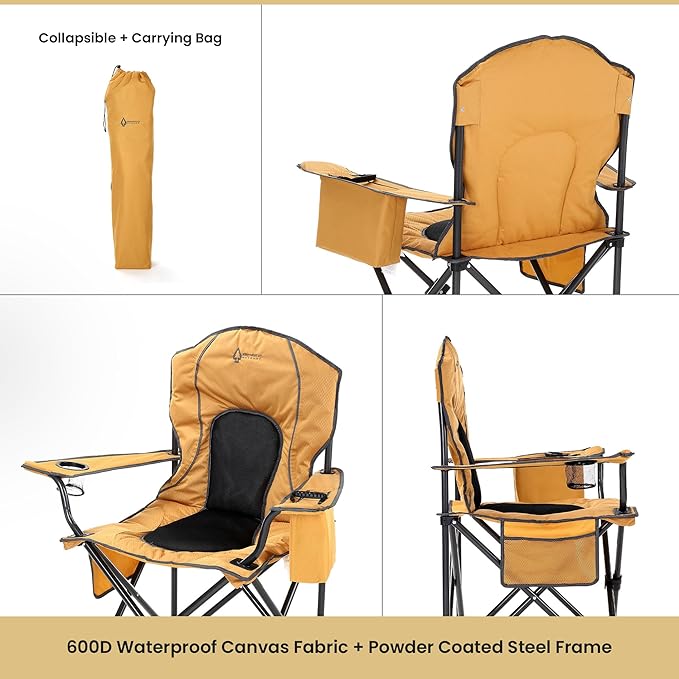 Arrowhead Outdoor Portable Folding Camping Quad Chair w/ 4-Can Cooler Cup-Holder Heavy-Duty Carrying Bag w/Easy Carry Shoulder Strap Padded Armrests Supports up to 330lbs USA-Based Support