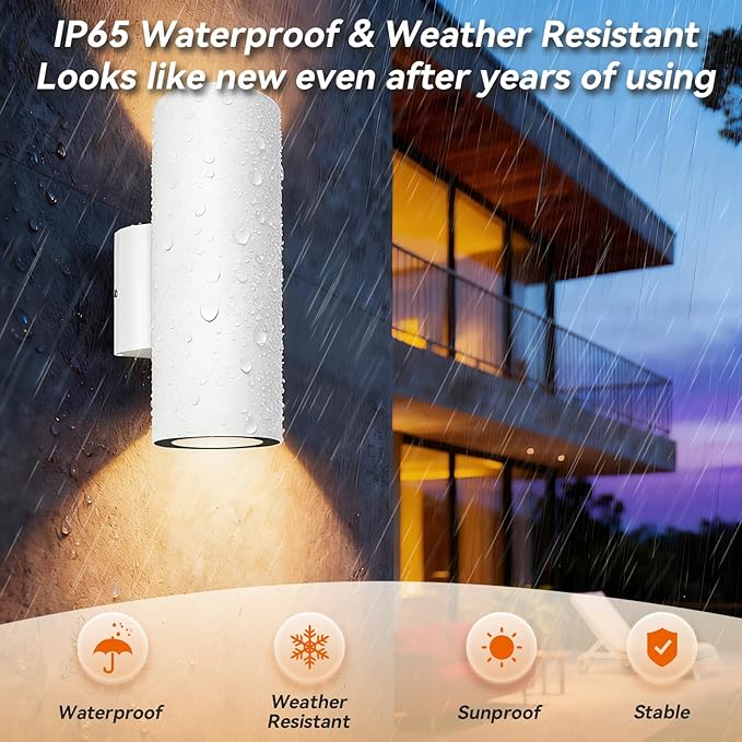 JO.KO Porch Light in 2 Lights Cylinder Wall Lights 10.24 2 Pack Up Down Lights 2700K Warm White Waterproof Wall Sconce AluminumExterior Light Fixture Wall Mount White