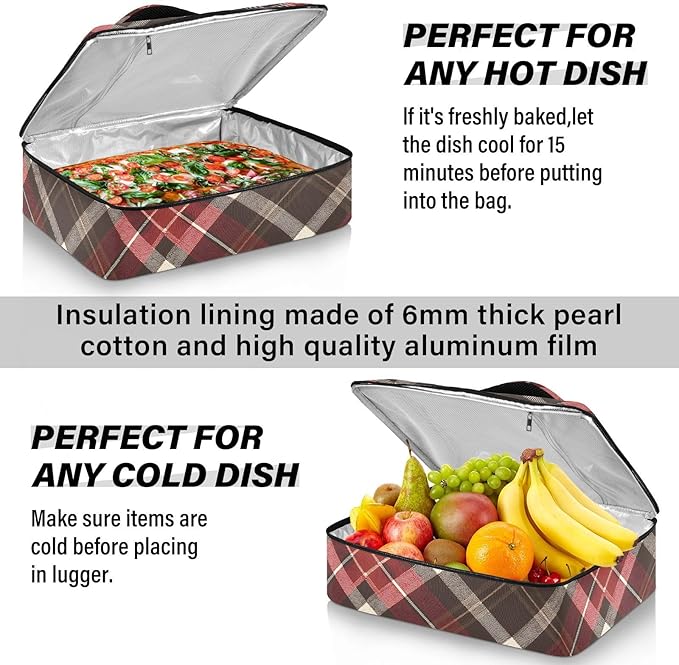 Casserole Carrier Red and Brown Tartan Print Insulated Casserole Carrier for Hot or Cold Food Thermal Lunch Tote for Parties Picnic Travel Carry Bag
