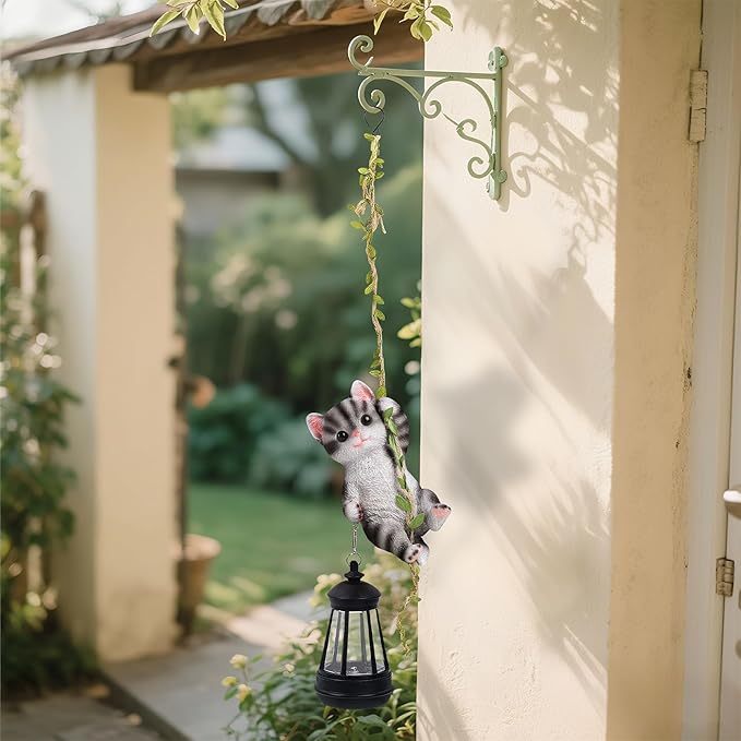 Solar Hanging Cat Statue Outdoor Resin Black Cat Figurine with LED Lights Kitty Animal Ornament for Garden Fence Porch Patio Yard Decor Dusk to Dawn Auto On/Off