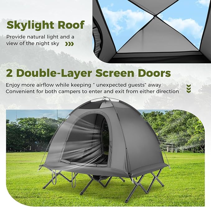 GYMAX 2-Person Tent Cot 3 in 1 Folding Off-Ground Cot Bed Combo with Portable Wheeled Bag Waterproof Rainfly 2 Mesh Doors &amp Skylight Roof for Hiking Backpacking Outdoor