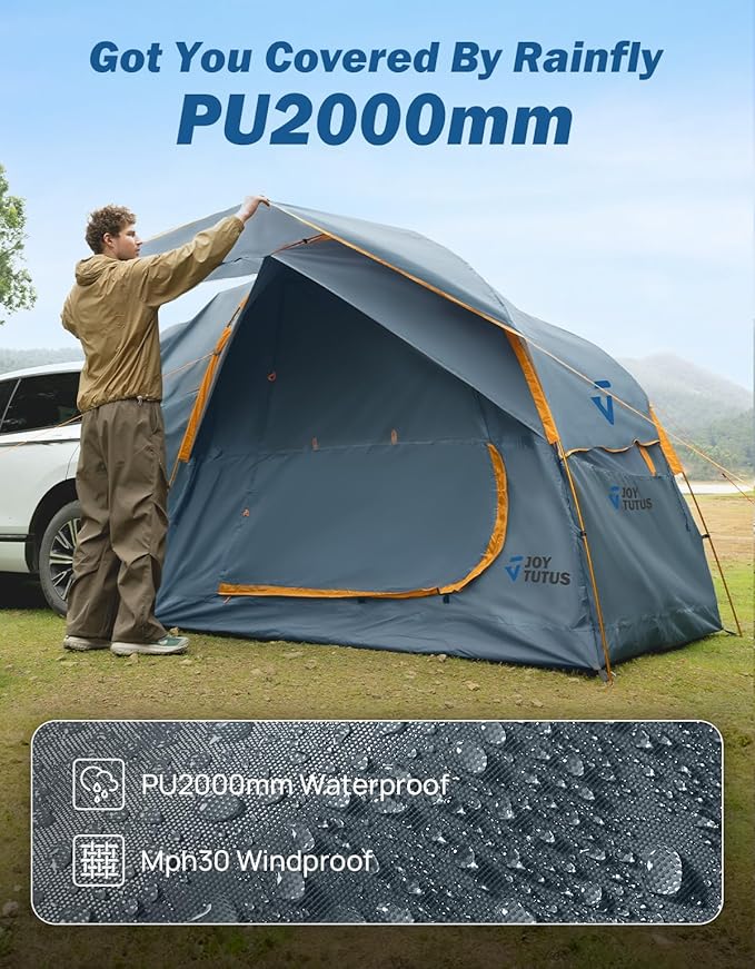 JOYTUTUS SUV Tent for Camping with Rainfly Double Door Design Car Tent with Aluminum Poles SUV Tailgate Tent with Waterproof PU2000mm Double Layer for 4-8 Person Orange