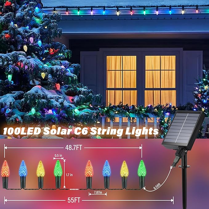 iBaycon Solar C6 Christmas Lights Outdoor 48FT 100LED C6 Strawberry String Light 8 Modes Solar Powered Lights String for Xmas Tree House Eaves Roof Christmas Holiday Decorations