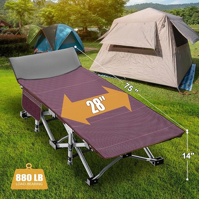 ABORON Folding Camping Cot W/Mat for Adults Heavy Duty Outdoor Bed with Carry Bag1200 D Layer Oxford Travel Camp Cots