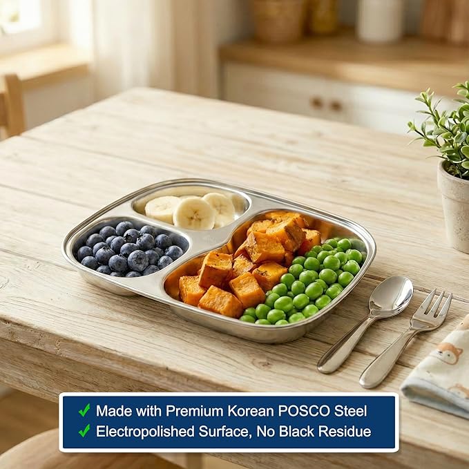Korean Stainless Steel Divided Plates for Toddlers Kids Babies Premium 304 Electro-Polished No Black Residue BPA-Free 3-Compartment Plate Food Tray for Camping Balanced Meals Set of 2