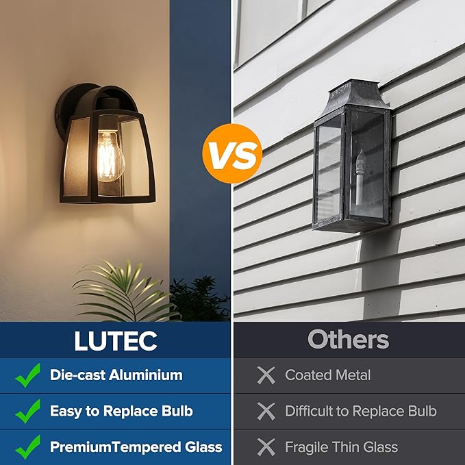 LUTEC Outdoor Wall Light Fixtures Exterior Waterproof Wall Lantern with Clear Glass Shade Aluminum Modern Matte Black Porch Sconce Outdoor Lighting for Garage Entryway Yard