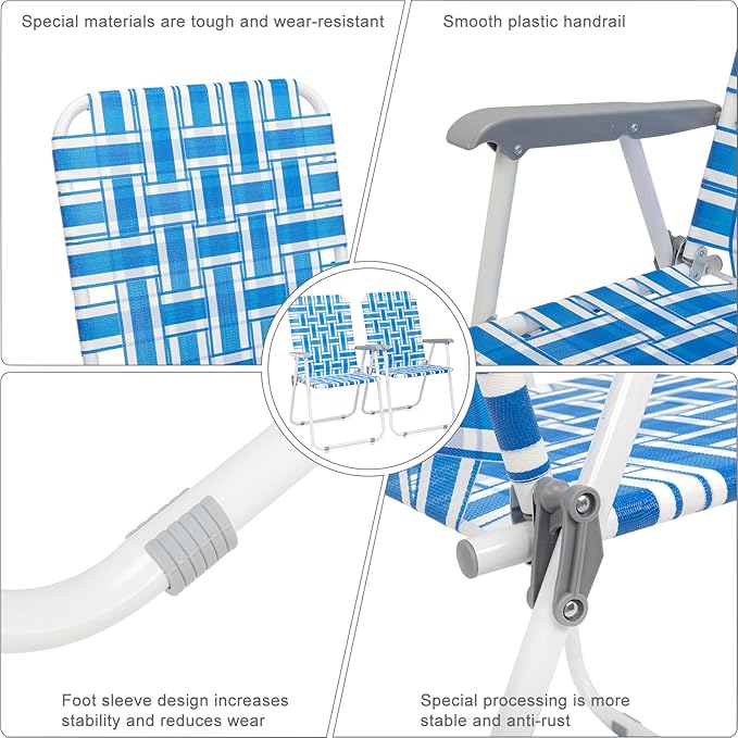 Webbed Lawn Chairs Folding Aluminum Set of 2 Patio Lawn Chairs  Folding Beach Chair Lightweight Aluminum Frames and UV-Resistant Webbing Camping Chairs Set for Yard GardenBlue &amp White Strip