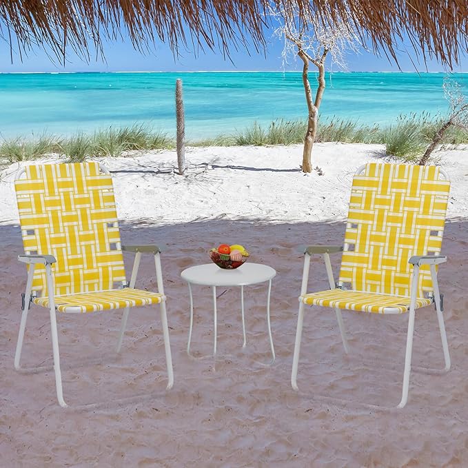 Bonnlo Foldable Patio Chair Set of 2 Heavy-Duty Steel Frame Supports 265 lbs/120 kg Ultra-Lightweight Portable for Travel Poolside Camping Beach(Yellow Weave)