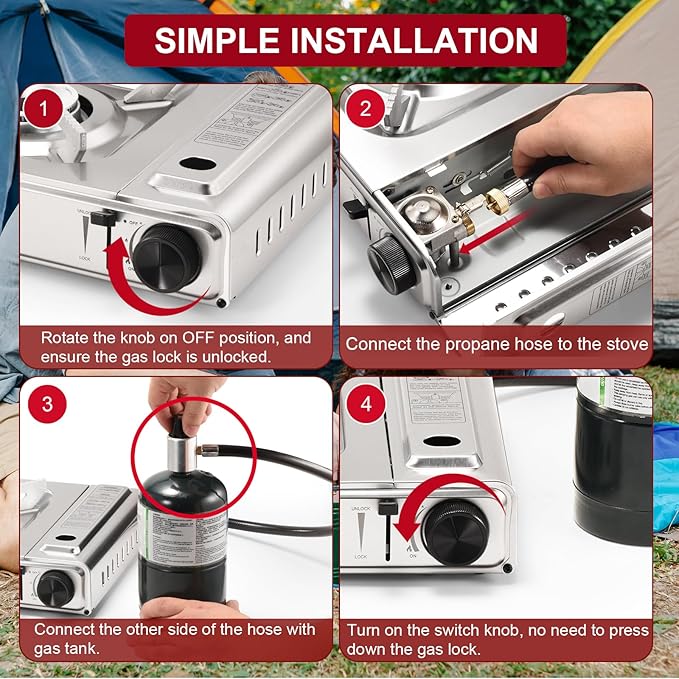 Dual Fuel Camp Stove with Butane and Propane Compatibility 10500 BTU Portable Camping Stove with Carrying Case Storage Bag Adapter Hose Wind Guard Outdoor Camping Essentials