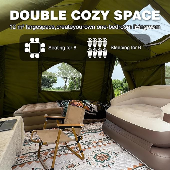 8/10/12 Person Large Inflatable Tents for Camping 4 Season Blow Up Tents with Canopy/Rainfly Luxury Inflatable Tent House with Stove Jack Easy Setup Inflatable Camping Tent.