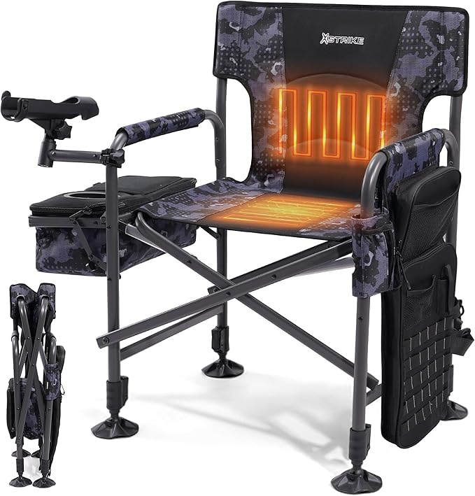 X Strike Heated Fishing Chair with Rod Holder Cooler Bag Storage Bag Shoulder Strap and Adjustable Feet 350LBS Heavy Duty Folding Ice Fishing Chair for Adults Outdoor Camping (Battery Not Included)