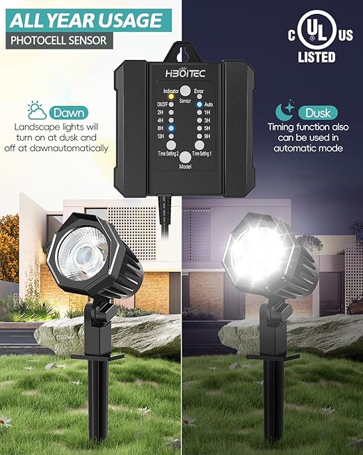 HIBOITEC 100W Low Voltage Landscape Transformer with 1-12H Timer and Photocell Sensor 120V AC to 12V DC Weatherproof Landscape Lighting Transformers for Outdoor LED Lights Spotlight Garden Light