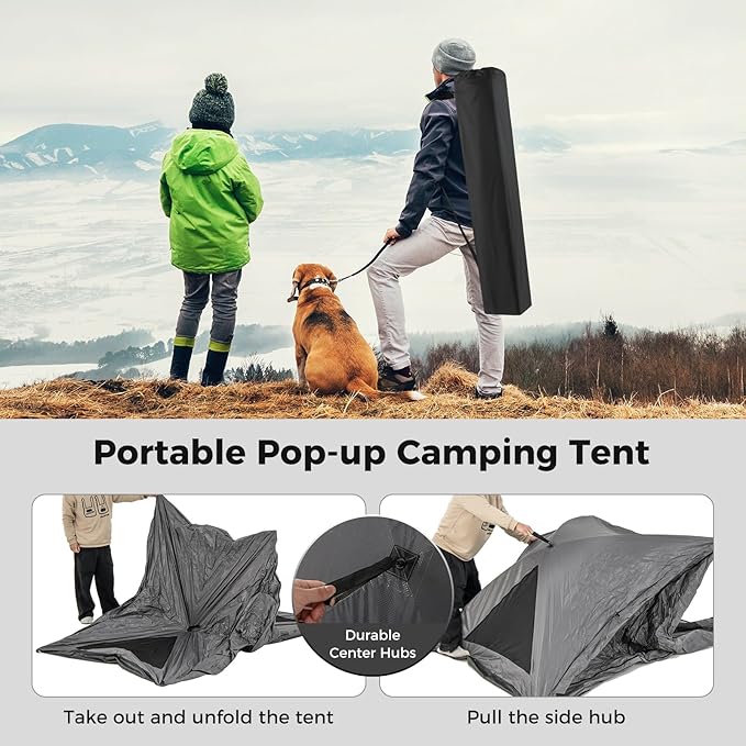 Tangkula Pop Up Camping Tent for 2-3 Person 360° One-Way See-Through Backpacking Tent with Removable Rainfly 2 Mesh Windows 2 Zippered Doors Carrying Bag Portable Outdoor Family Tent for Camping