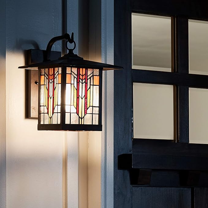 RIVER OF GOODS Stained Glass Outdoor Light Fixture - 11.75 H - Mission Style Porch Light - Opal