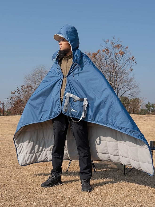 iClimb Heated Waterproof Camping Stadium Blanket with Hood and 5V 10000mAh Battery Pack All Season Outdoor Indoor (Blue)
