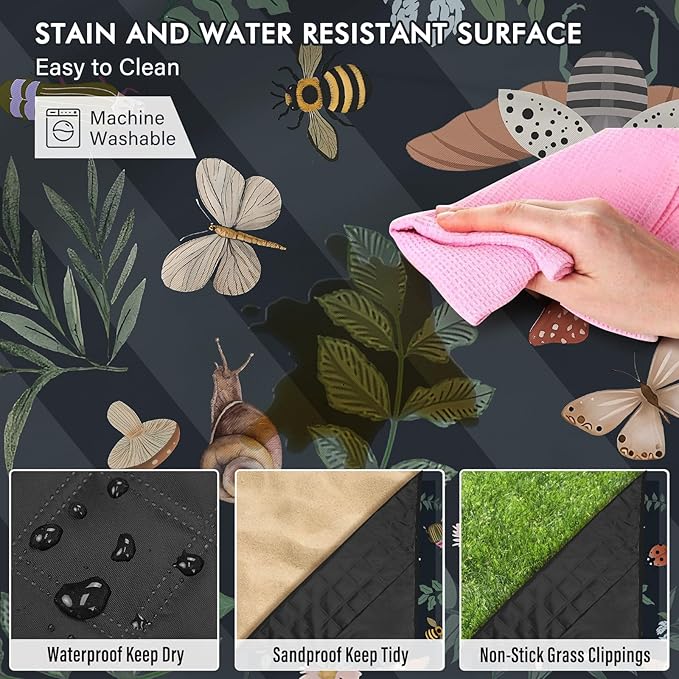 Mushroom Picnic Blankets Waterproof Foldable 80″X80″ Extra Large Picnic Mat Insect Outdoor Blanket for Grass Packable Beach Blanket Sandproof Picnic Accessories for Camping Music Festival Park Lawn