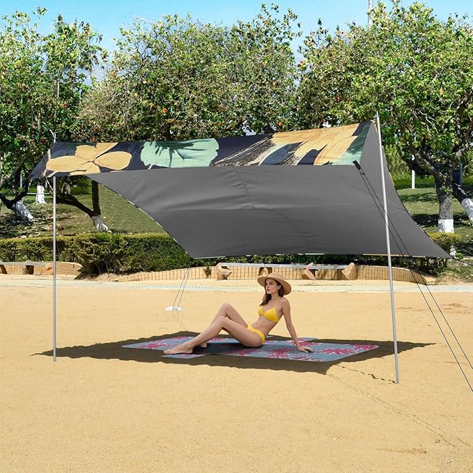 Bolaz Beach Canopy Tent Sun Shade9'×10.5' Large Family Beach Shade UPF50+- Outdoor Shade for Camping Trips FishingTropical Leaves Pattern