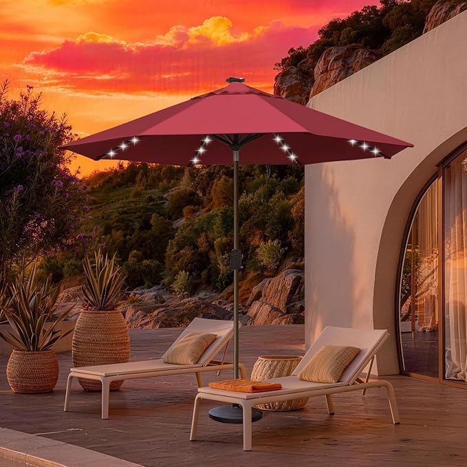EliteShade USA 10-Year-Non-Fading 10Ft Market Umbrella with 80 LED Lights Patio Umbrella Outdoor Table Umbrella with Ventilation(Burgundy)