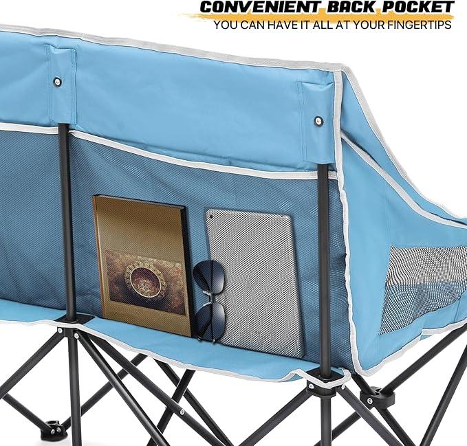 MoNiBloom Collapsible Double Camping Loveseat Chair Outdoor Beach Lawn Picnic Hiking Travel Portable Foldable Collapsible 2-Person Love Seat Camp Chair for Adults (Sky Blue and Light Gray)