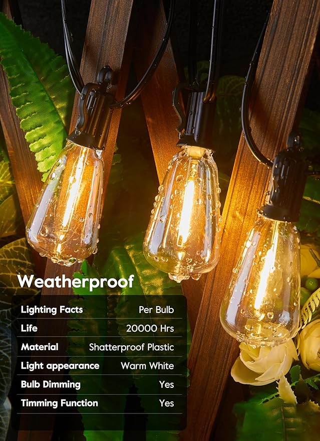 Brightown Solar String Lights Outdoor - 38FT Patio With Remote 16 Shatterproof LED Bulbs 3 Light Modes Waterproof Hanging Solar for Outside Backyard Party Decor