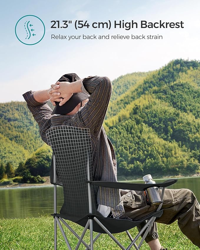 SONGMICS Set of 2 Folding Camping Chairs Comfortable Heavy Duty Structure Max. Load Capacity 330 lb Outdoor Chair with Cup Holder for Camping Garden Fishing Terrace Black UGCB08BK