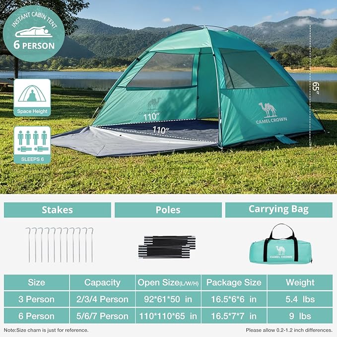 CAMEL CROWN Beach Tent UPF 50+ Sun Shelter for 2/3/5/6 Person Lightweight Portable Sun Shade with Sand Anchor Family Beach Day &amp Outdoor Adventures