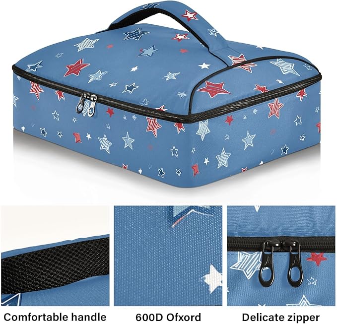 Casserole Carrier Red Blue Stripes StarsInsulated Casserole Carrier for Hot or Cold Food Thermal Lunch Tote for Potluck Parties Picnic Beach Fits 9 x 13 Inches Baking Dish