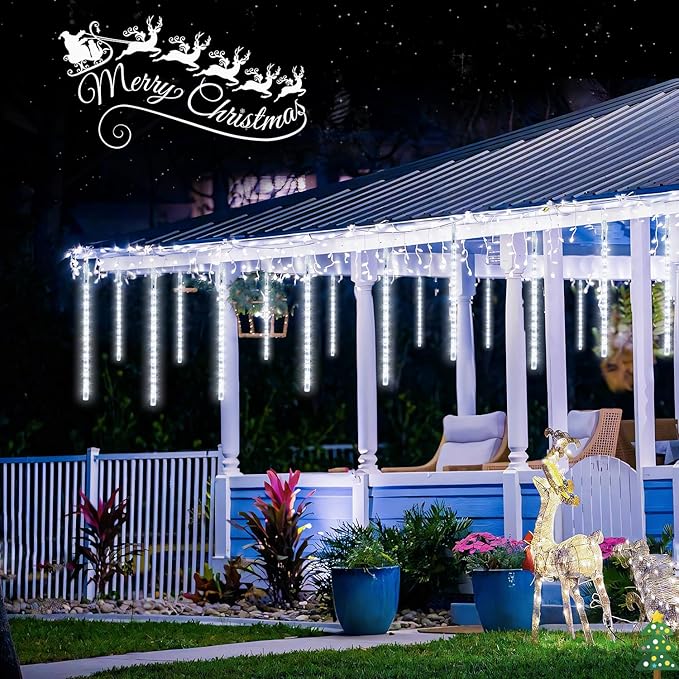 JMEXSUSS 2 Pack Solar Christmas Meteor Shower Lights 16 Tube 288 LED White Solar Christmas String Lights Outdoor Waterproof for Tree Patio Garden Wedding Party Decorations