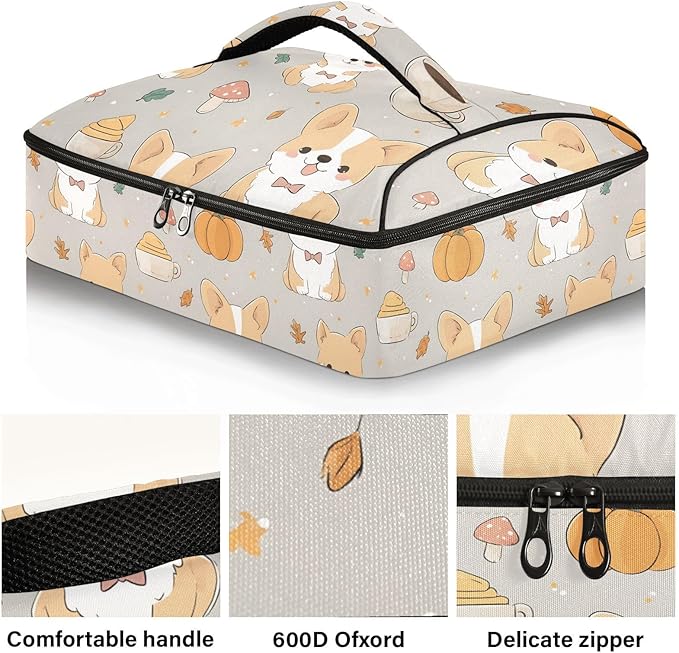 Casserole Carrier Cute Cartoon DogInsulated Casserole Carrier for Hot or Cold Food Thermal Lunch Tote for Potluck Parties Picnic Beach Fits 9 x 13 Inches Baking Dish