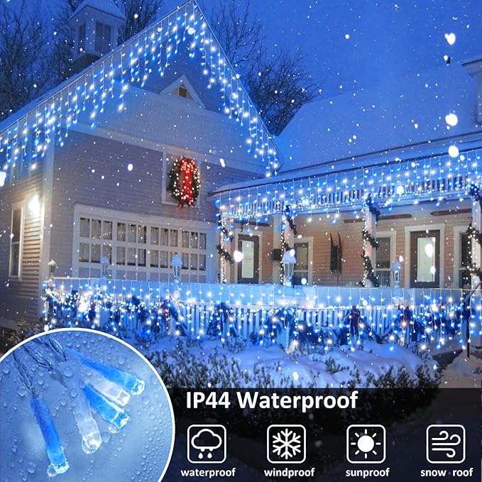 Icicle Lights for Outside 33FT 400 LED Icicle Christmas Lights Outdoor with Waterproof 8 Modes Plug in Timer String Twinkle Light for Indoor Home Roof Window Yard Wedding Decorations Blue and White