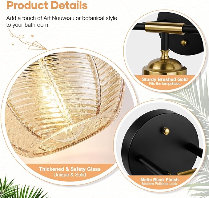 Bathroom Light Fixtures 3-Light Amber Vanity Lights with Unique Leaf Texture Glass Shade Modern Matte Black and Gold Bathroom Wall Lamp for Mirror Hallway Cabinet Living Room