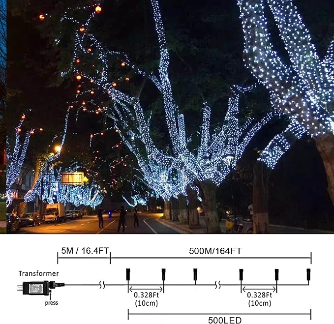 weillsnow 164 FT 500 LED Christmas Lights Outdoor Waterproof Christmas Fairy Lights with Timer Plug in White LED String Lights with 8 Modes for Bedroom Wedding Party Xmas Decoration