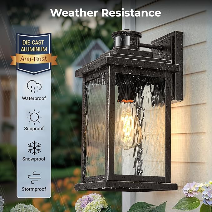 VIANIS Advanced Motion Sensor Light Outdoor 2 Pack Large Bronze Exterior Lighting Fixtures Easy-to-Install Aluminum Waterproof Porch Lights Outdoor with Water Glass for Porch Garden Front Door