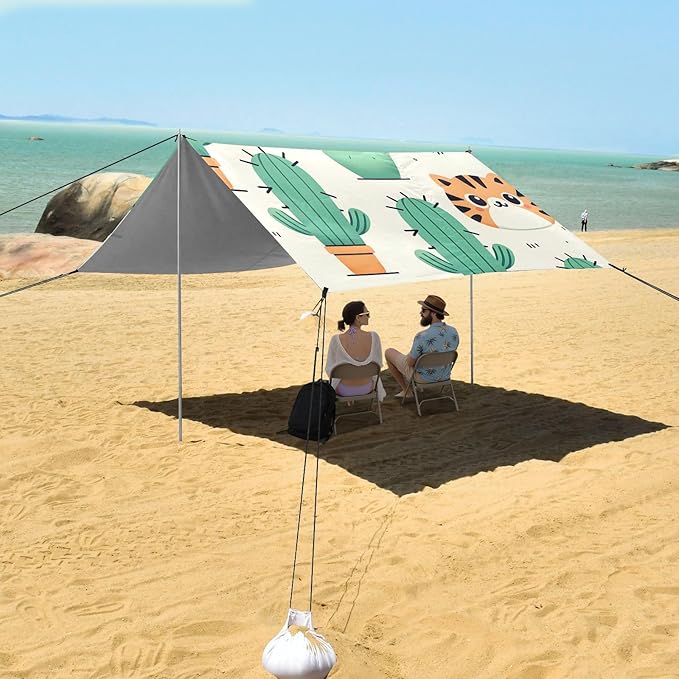 Cartoon Simple Cactus Cute Tiger Face Camping Sun Shelter Beach Tent Portable Beach Sun Shade Outdoor Canopy for Camping Trips Fishing Picnic
