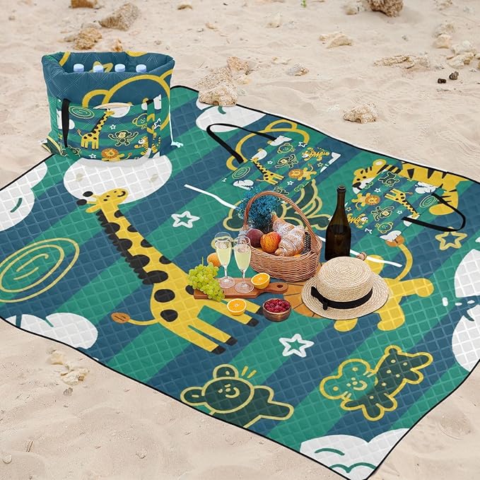 KLL Funny Giraffe Monkey Stripe Green Blue Waterproof Picnic Accessories Sand Free Grass Camp Rug for Outdoorsy People Couples Gift estera de playa