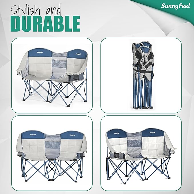 SUNNYFEEL Double Camping Chair Portable Folding Loveseat with Cup Holders Heavy Duty Steel Frame Gray
