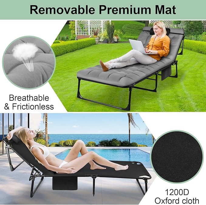 Foldable Camping Cots for Adults Adjustable 4-Position Adults Reclining Folding Chaise Outdoor Portable Folding Lounge Chair Sleeping Cots Bed with Pillow Mattress Carrying Bag for Camping Pool